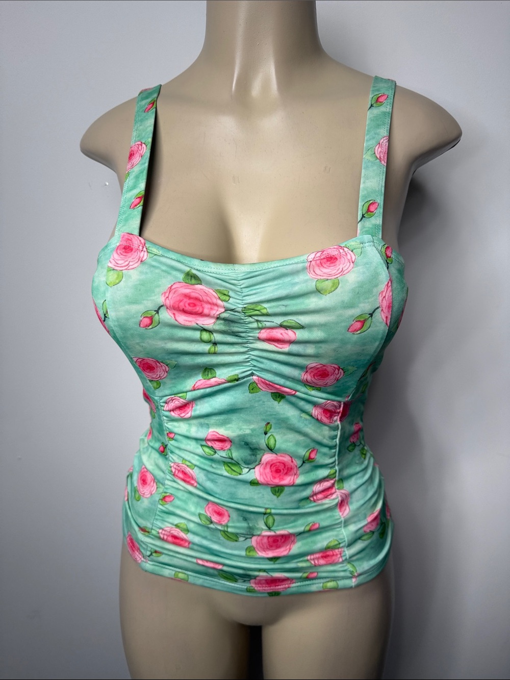 Mikarose Mint Green Tankini Top with Pink Rose Print
